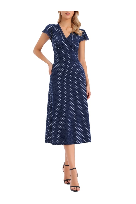 Valentine's Day Polka Dot Dress for Women's Summer Cap Sleeve V Neck Lace Trim Decor Casual Midi Dresses S Navy Blue