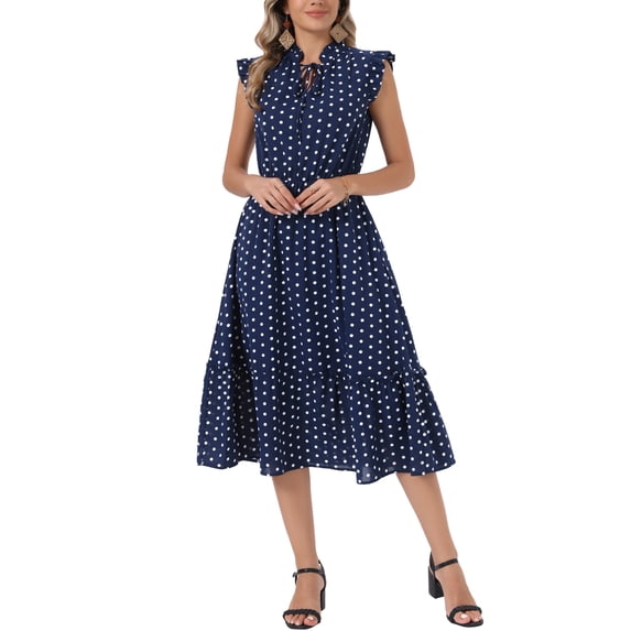 INSPIRE CHIC Polka Dot Dress for Women's Summer Ruffle Sleeve Tie V Neck Casual Beach Vacation Midi Dresses XL Navy Blue