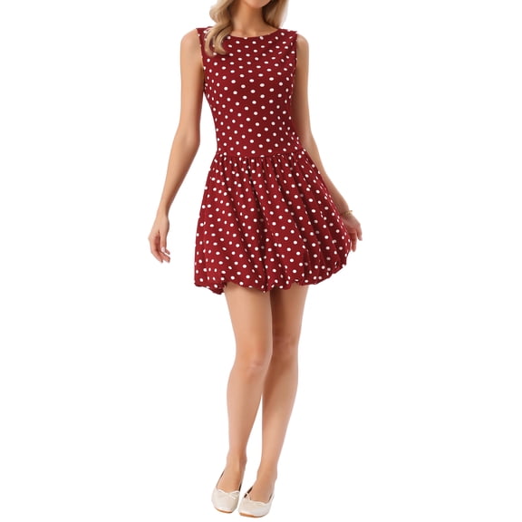 INSPIRE CHIC Polka Dot Dress for Women's Summer Sleeveless Crew Neck Mini Dress Trendy L Dark Red