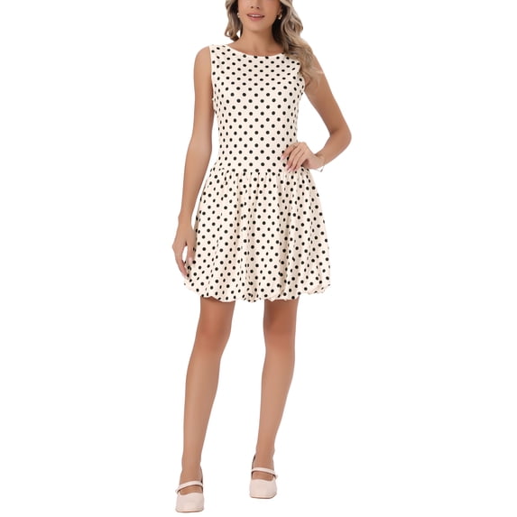 INSPIRE CHIC Polka Dot Dress for Women's Summer Sleeveless Crew Neck Mini Dress Trendy M Beige