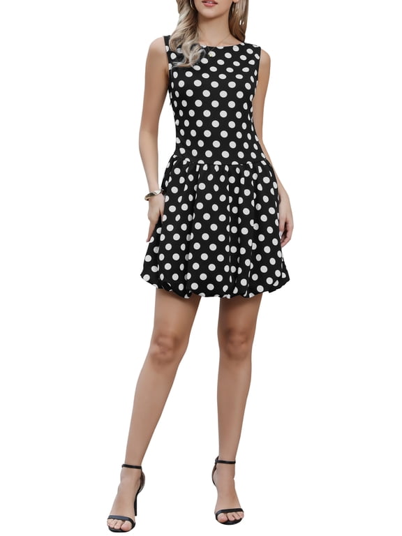 Polka Dot Dress for Women's Summer Sleeveless Crew Neck Mini Dress Trendy M Black