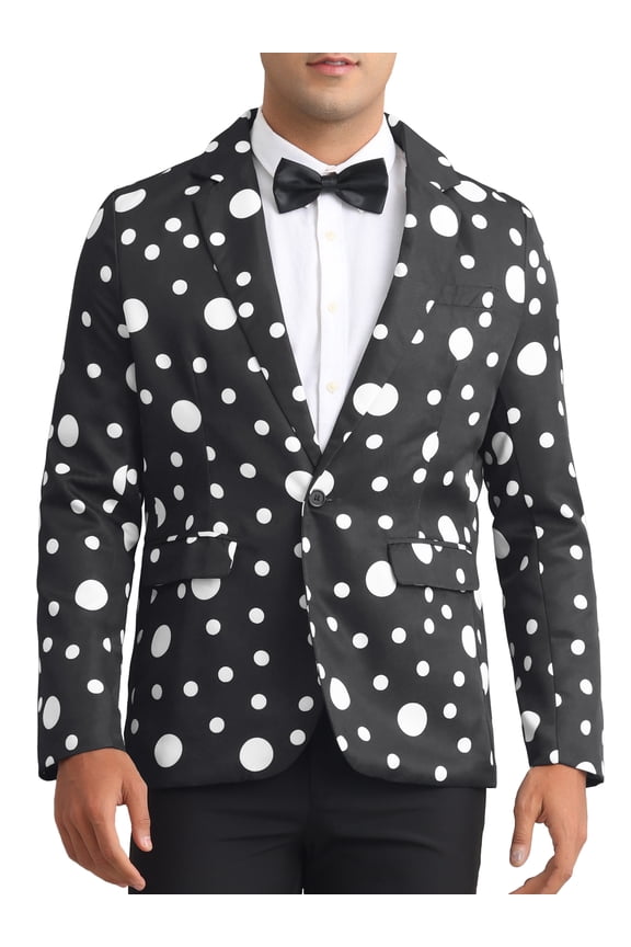 Men's Suit Polka Dot Print One Button Single Breasted Sport Coat M Black