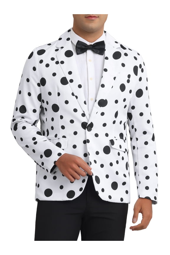 Men's Suit Polka Dot Print One Button Single Breasted Sport Coat S White