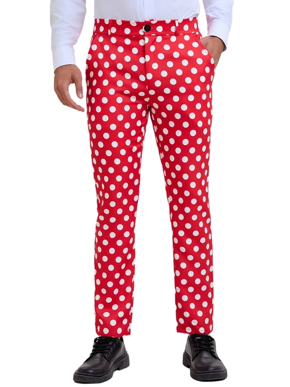 Polka Dots Printed Dress Pants for Men's Regular Fit Formal Trousers 28 Red