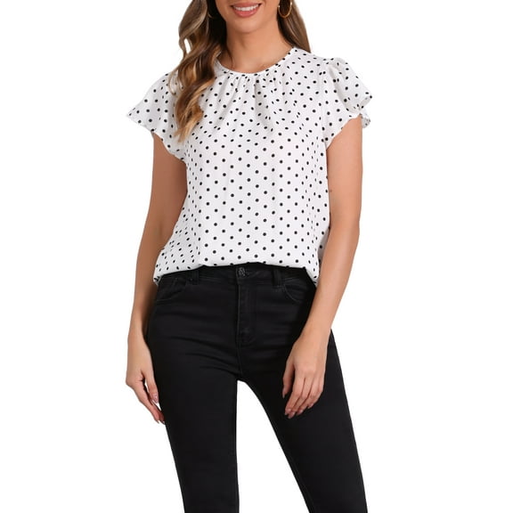 INSPIRE CHIC Polka Dots Tops for Women's Round Pleated Neck Puff Sleeve Casual Office Blouse M White
