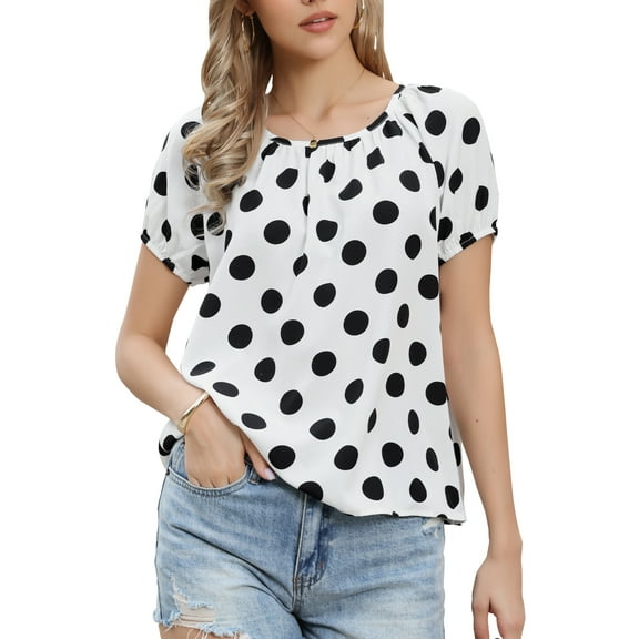 INSPIRE CHIC Polka Dots Tops for Women's Short Sleeve Crew Neck Summer Casual Lightweight Blouse Shirts L White
