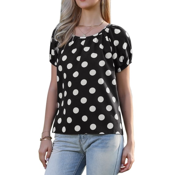 INSPIRE CHIC Polka Dots Tops for Women's Short Sleeve Crew Neck Summer Casual Lightweight Blouse Shirts XL Black