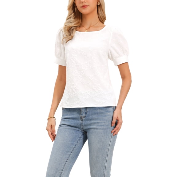 INSPIRE CHIC Easter Edition Puff Short Sleeve Top for Women Round Neck Spring Summer Textured Casual T-Shirt Tops L White