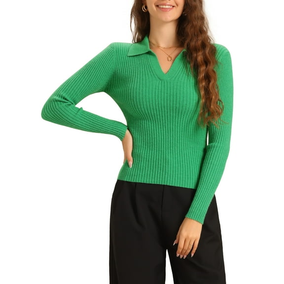 INSPIRE CHIC Pullover Sweater for Women's Turndown Collar V Neck Knit Blouse Tops S Green