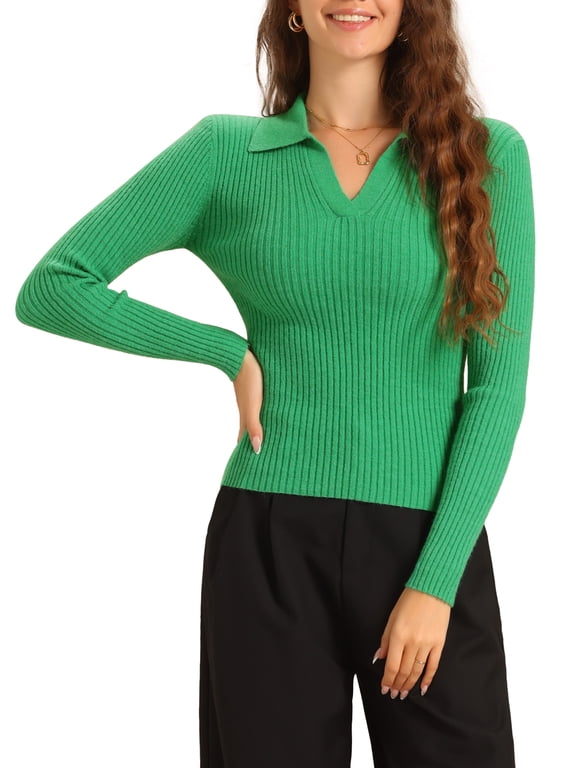 Pullover Sweater for Women's Turndown Collar V Neck Knit Blouse Tops S Green
