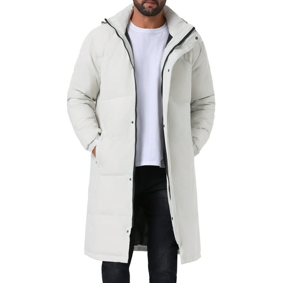 INSPIRE CHIC Quilted Padded Coat for Men's Winter Full-Zip Winter Detachable Hooded Long Puffer Jacket L White
