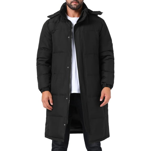 INSPIRE CHIC Quilted Padded Coat for Men's Winter Full-Zip Winter Detachable Hooded Long Puffer Jacket M Black
