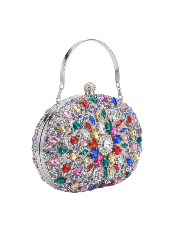 Rhinestone Evening Clutch Bag Sparkly Crystal Purse with Removable Chain for Wedding & Prom Iridescent Silver