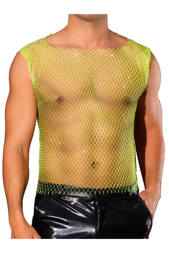 Rhinestone Fishnet Tank Tops for Men's Shiny Sparkly Mesh Sleeveless Tops Festival Sheer Vest L Green