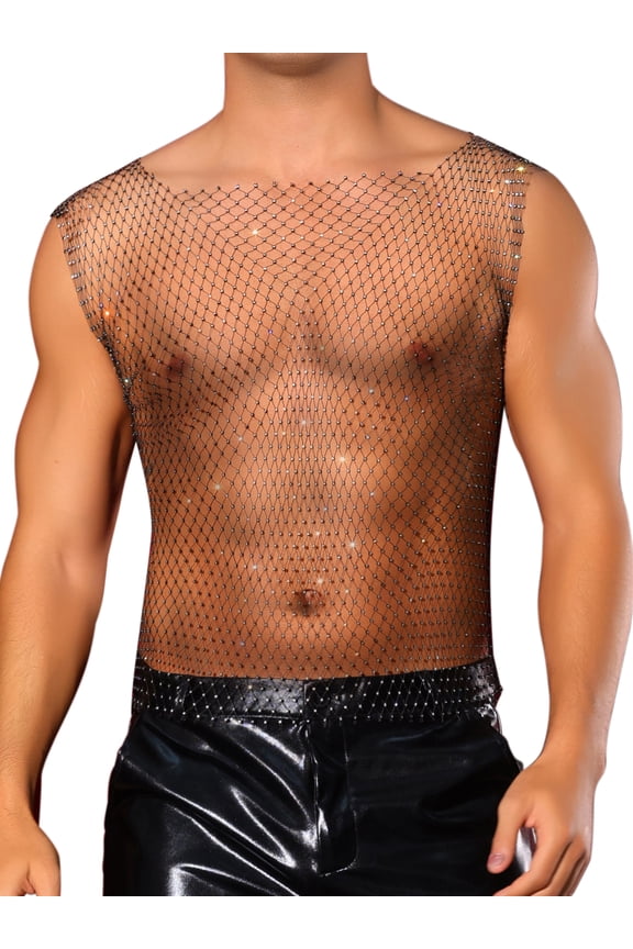 Rhinestone Fishnet Tank Tops for Men's Shiny Sparkly Mesh Sleeveless Tops Festival Sheer Vest M Black