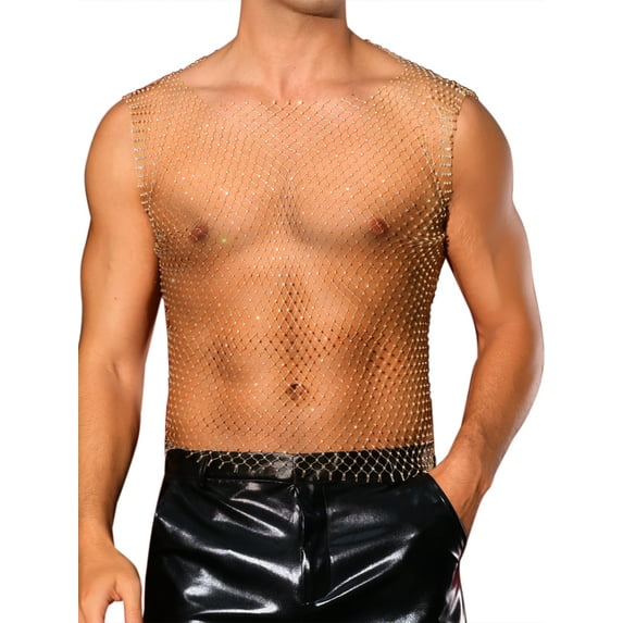 INSPIRE CHIC Rhinestone Fishnet Tank Tops for Men's Shiny Sparkly Mesh Sleeveless Tops Festival Sheer Vest M Golden