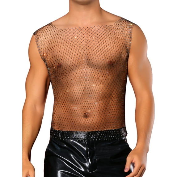 INSPIRE CHIC Rhinestone Fishnet Tank Tops for Men's Shiny Sparkly Mesh Sleeveless Tops Festival Sheer Vest S Black