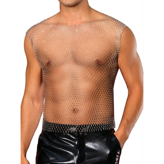 INSPIRE CHIC Rhinestone Fishnet Tank Tops for Men's Shiny Sparkly Mesh Sleeveless Tops Festival Sheer Vest S Silver
