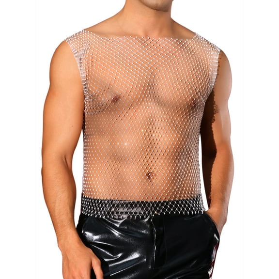 INSPIRE CHIC Rhinestone Fishnet Tank Tops for Men's Shiny Sparkly Mesh Sleeveless Tops Festival Sheer Vest S White