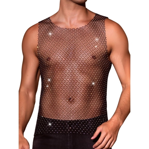 INSPIRE CHIC Rhinestones Sparkly Tank Top for Men's Shiny Mesh Sleeveless Tee Shirt Rave Sheer Metallic Vest M Black
