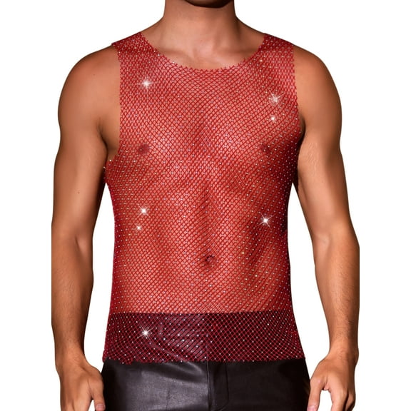INSPIRE CHIC Rhinestones Sparkly Tank Top for Men's Shiny Mesh Sleeveless Tee Shirt Rave Sheer Metallic Vest S Red
