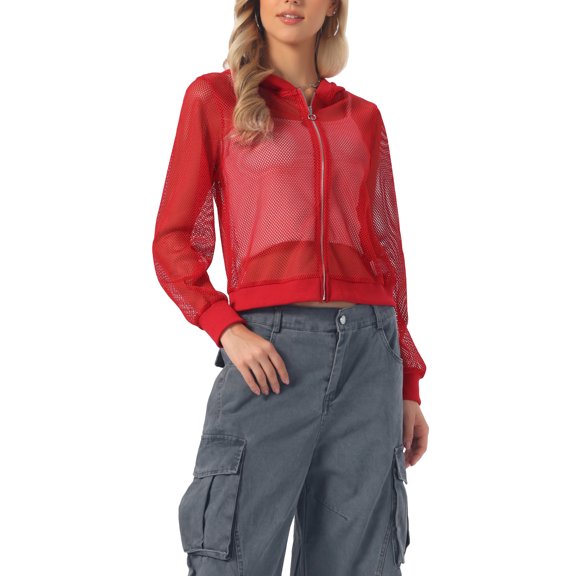INSPIRE CHIC Ribbed Cuffs Jacket for Women Hoodie Mesh Bomber Jacket L Red