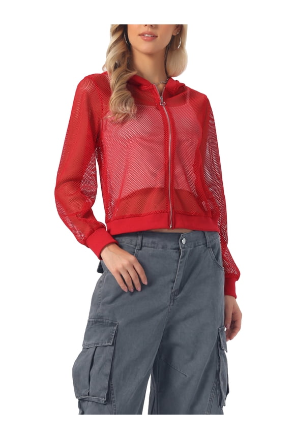 Ribbed Cuffs Jacket for Women Hoodie Mesh Bomber Jacket M Red