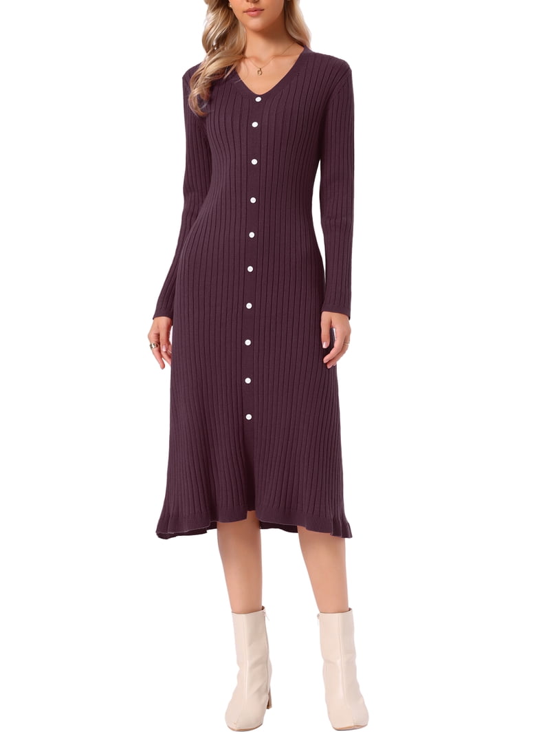 INSPIRE CHIC Ribbed Knit Sweater Dress for Women's V Neck Long Sleeve Casual Fall Winter Pleated Hem A-Line Midi Dress S Red