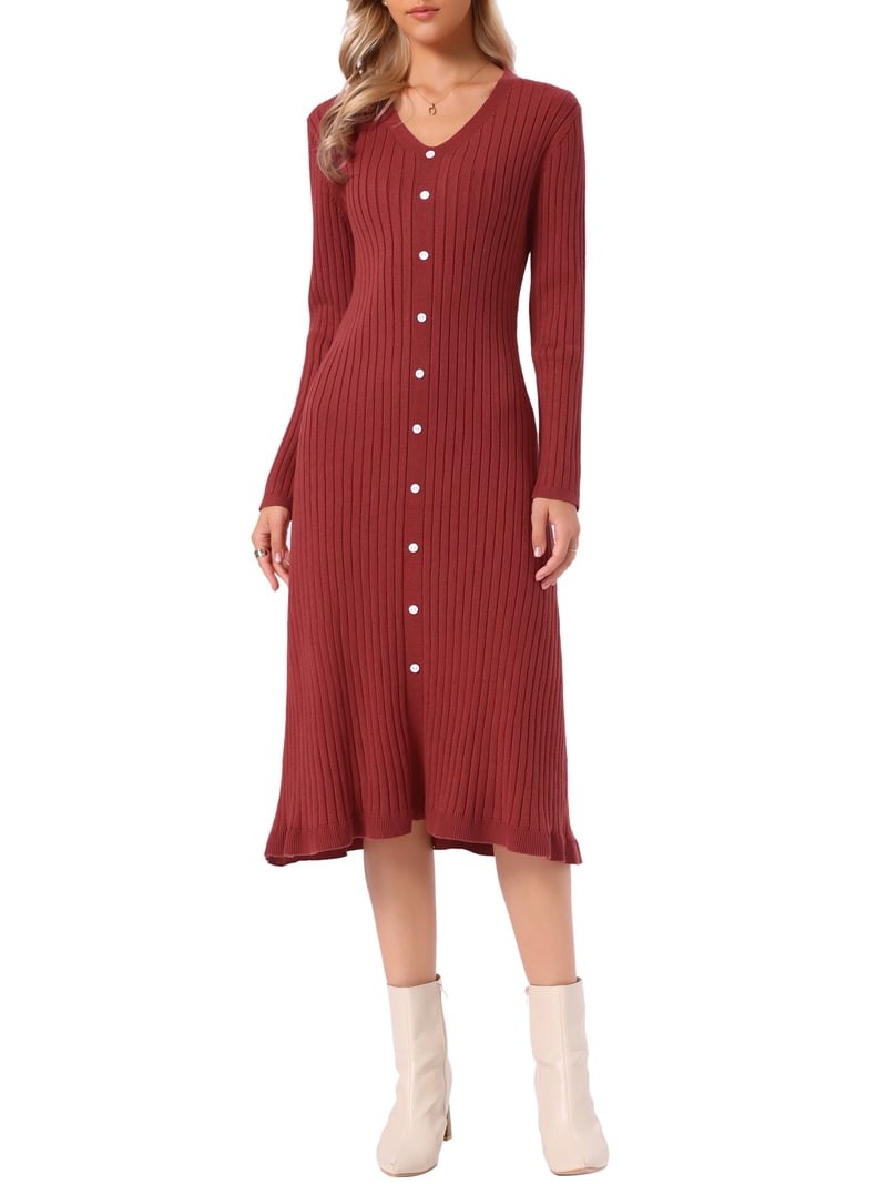 INSPIRE CHIC Ribbed Knit Sweater Dress for Women's V Neck Long Sleeve Casual Fall Winter Pleated Hem A-Line Midi Dress L Black