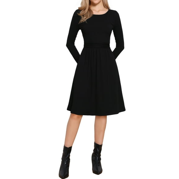INSPIRE CHIC Ribbed Knitted Dress for Women's Long Sleeve Crew Neck High Waist A-Line Casual Dresses L Black
