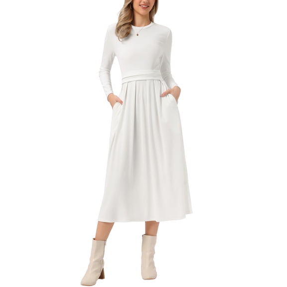 INSPIRE CHIC Ribbed Knitted Maxi Dress for Women's High Waist Pleated Front Long Sleeve A-Line Dresses XL Beige White