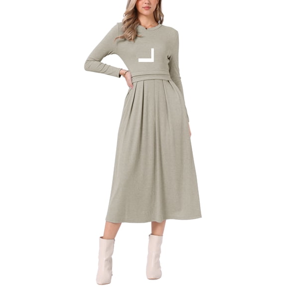 INSPIRE CHIC Ribbed Knitted Maxi Dress for Women's High Waist Pleated Front Long Sleeve A-Line Dresses XS Grey Khaki