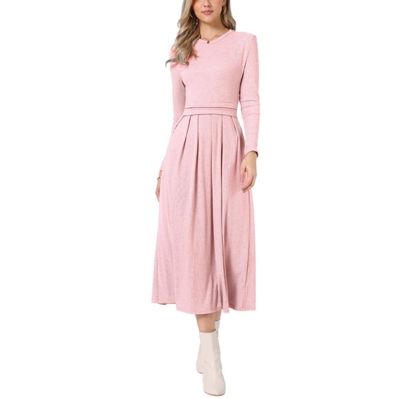 INSPIRE CHIC Ribbed Knitted Maxi Dress for Women's High Waist Pleated Front Long Sleeve A-Line Dresses XS Pink