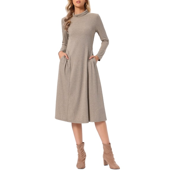 INSPIRE CHIC Ribbed Knitted Midi Dress for Womens Turtleneck Long Sleeve A-Line Dresses S Light Brown