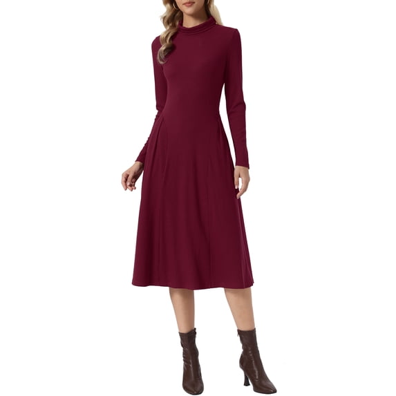 INSPIRE CHIC Ribbed Knitted Midi Dress for Womens Turtleneck Long Sleeve A-Line Dresses XS Burgundy