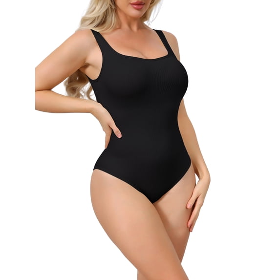 INSPIRE CHIC Ribbed Shapewear Bodysuits for Women Square Neck Tank Tops Thong Sleeveless Bodyshaper S Black
