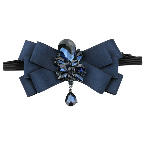 INSPIRE CHIC Ribbon Bow Brooch Rhinestone Pre-Tied Bow Tie for Men Bowknot Neck Tie Wedding Party Gifts Ceremony Navy Blue