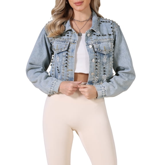 INSPIRE CHIC Rivet Studded Denim Jacket for Women's Cropped Casual Wash Jean Jacket S Light Blue