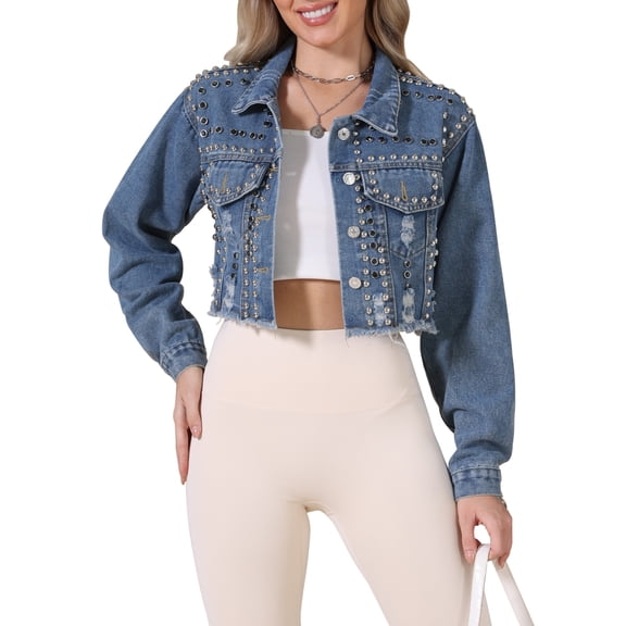 INSPIRE CHIC Rivet Studded Denim Jacket for Women's Cropped Casual Wash Jean Jacket S Blue