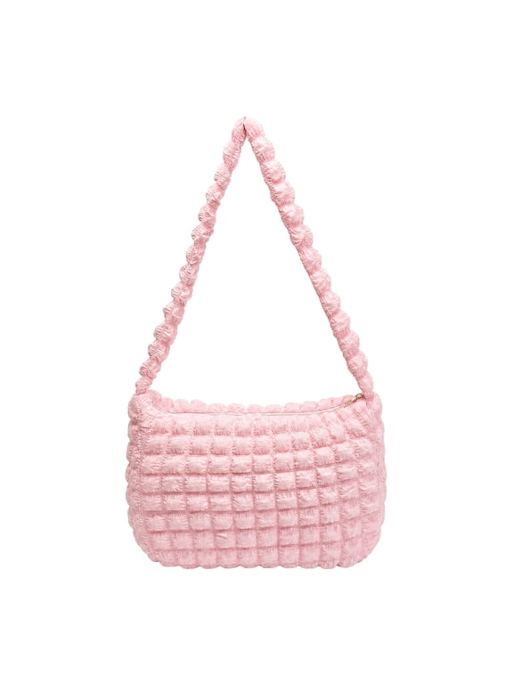 Ruched Puff Cloud Shoulder Bag for Women Soft Quilted Cross-body Purse with Zipper Closure Light Pink