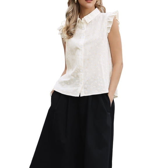 Floral Tops for Women's Summer Ruffle Cap Sleeve Button Down Dressy Casual Shirts M White