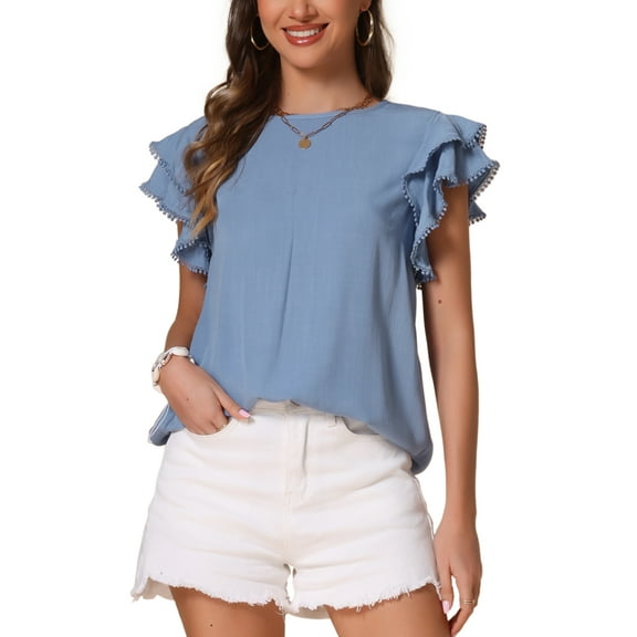INSPIRE CHIC Ruffle Short Sleeve Blouse for Women's Round Neck Solid Casual Tops XL Blue Gray