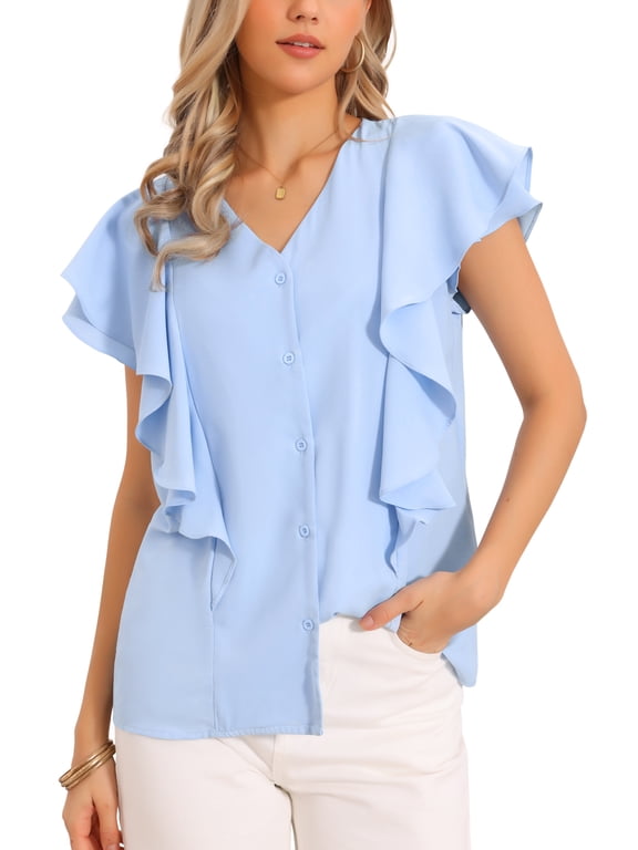 Ruffled Blouse for Women's Short Sleeve V Neck Button Down Casual Top M Light Blue
