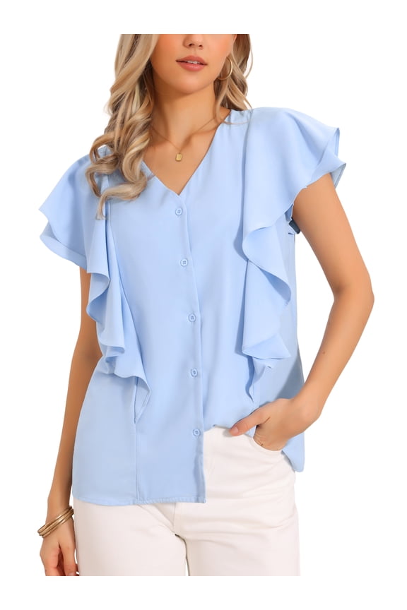 Ruffled Blouse for Women's Short Sleeve V Neck Button Down Casual Top XL Light Blue