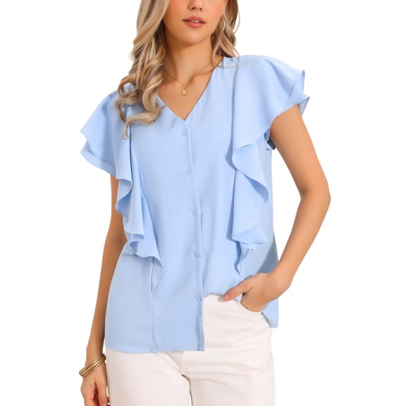 INSPIRE CHIC Ruffled Blouse for Women's Short Sleeve V Neck Button Down Casual Top XS Light Blue