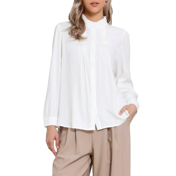 INSPIRE CHIC Ruffles Top for Women's Stand Collar Pleated Trim Long Puff Sleeve Button Down Vintage Blouses S White