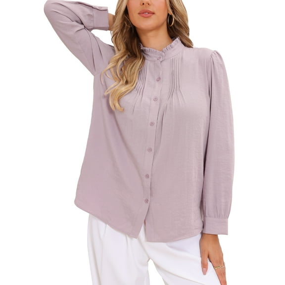 INSPIRE CHIC Ruffles Top for Women's Stand Collar Pleated Trim Long Puff Sleeve Button Down Vintage Blouses XL Grey Pink