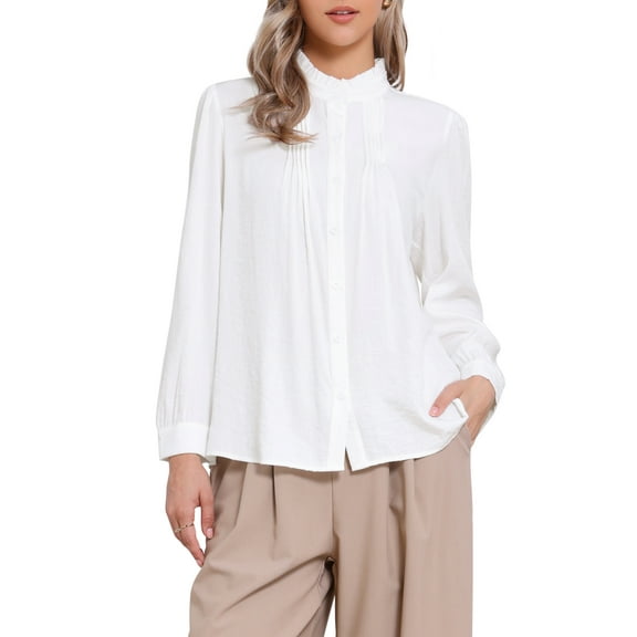 INSPIRE CHIC Ruffles Top for Women's Stand Collar Pleated Trim Long Puff Sleeve Button Down Vintage Blouses XS White
