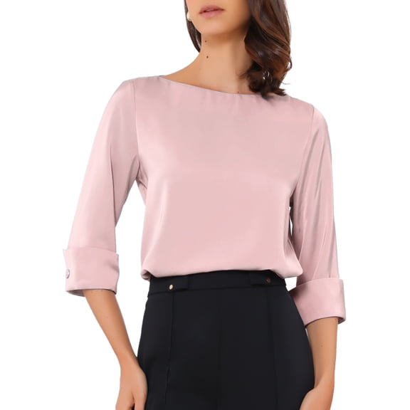 INSPIRE CHIC Satin Blouse for Women Dressy Casual Boat Neck 3/4 Sleeve Work Shirt L Dusty Pink