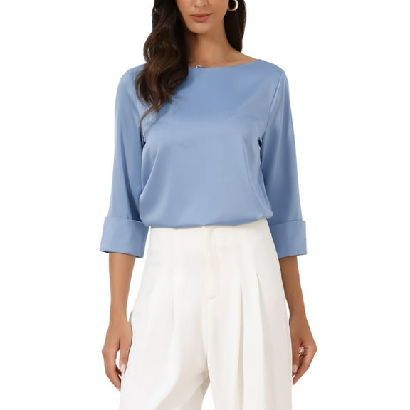 INSPIRE CHIC Satin Blouse for Women Dressy Casual Boat Neck 3/4 Sleeve Work Shirt M Blue